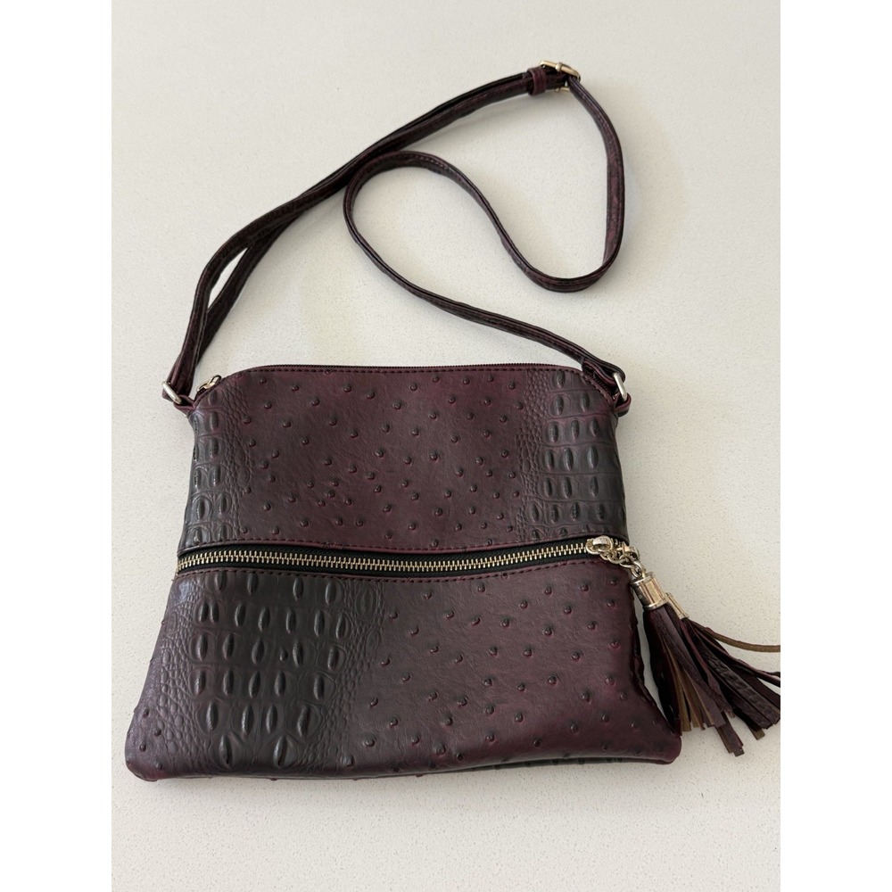 Deluxity Vegan Faux Ostrich Leather Purse Handbag Crossbody Burgundy